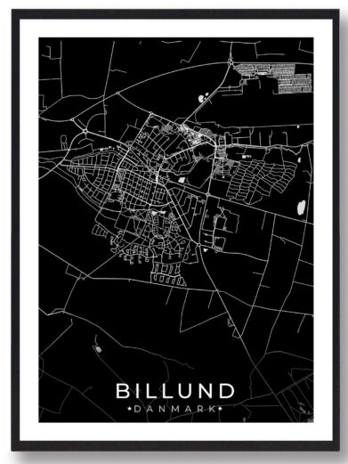Billund bykort i stilrent plakat design. Denne Billund byplakat er med sort baggrund og viser Billund kortet fra sin smukkeste side