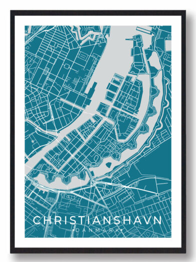 Christianshavn bykort i stilrent plakat design. Denne Christianshavn byplakat er med blå baggrund og viser Christianshavn kortet fra sin smukkeste side