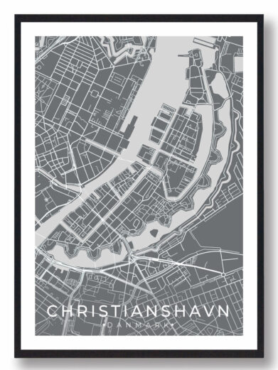 Christianshavn bykort i stilrent plakat design. Denne Christianshavn byplakat er med grå baggrund og viser Christianshavn kortet fra sin smukkeste side