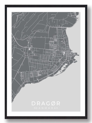 Dragør bykort i stilrent plakat design. Denne Dragør byplakat er med grå baggrund og viser Dragør kortet fra sin smukkeste side