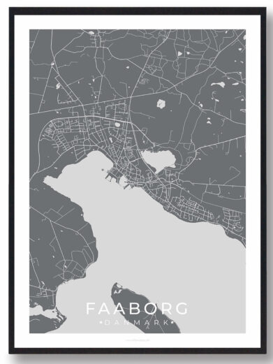 Faaborg bykort i stilrent plakat design. Denne Faaborg byplakat er med grå baggrund og viser Faaborg kortet fra sin smukkeste side