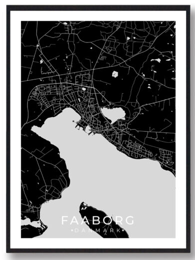 Faaborg bykort i stilrent plakat design. Denne Faaborg byplakat er med sort baggrund og viser Faaborg kortet fra sin smukkeste side