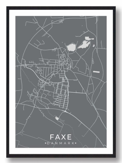Faxe bykort i stilrent plakat design. Denne Faxe byplakat er med grå baggrund og viser Faxe kortet fra sin smukkeste side