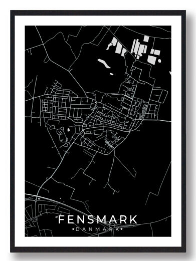 Fensmark bykort i stilrent plakat design. Denne Fensmark byplakat er med sort baggrund og viser Fensmark kortet fra sin smukkeste side