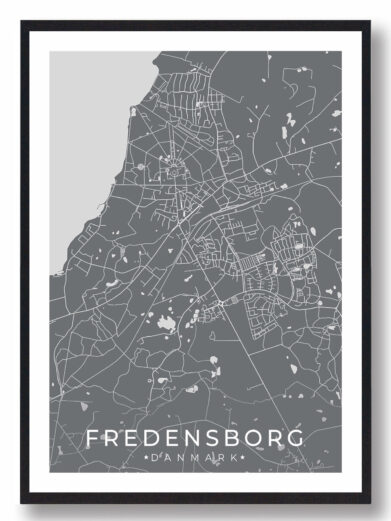 Fredensborg bykort i stilrent plakat design. Denne Fredensborg byplakat er med grå baggrund og viser Fredensborg kortet fra sin smukkeste side