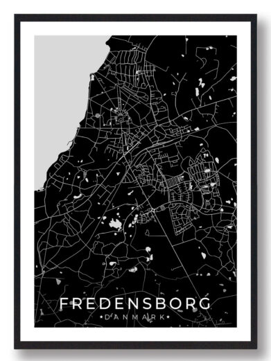 Fredensborg bykort i stilrent plakat design. Denne Fredensborg byplakat er med sort baggrund og viser Fredensborg kortet fra sin smukkeste side