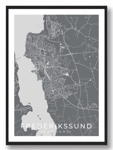 Frederikssund bykort i stilrent plakat design. Denne Frederikssund byplakat er med grå baggrund og viser Frederikssund kortet fra sin smukkeste side