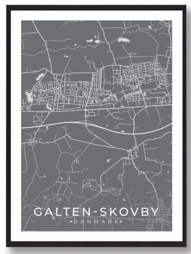 Galten-Skovby bykort i stilrent plakat design. Denne Galten-Skovby byplakat er med grå baggrund og viser Galten-Skovby kortet fra sin smukkeste side