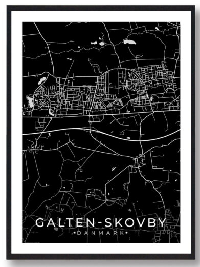 Galten-Skovby bykort i stilrent plakat design. Denne Galten-Skovby byplakat er med sort baggrund og viser Galten-Skovby kortet fra sin smukkeste side