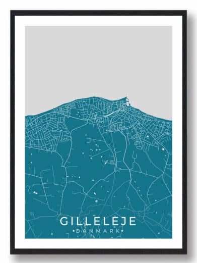 Gilleleje bykort i stilrent plakat design. Denne Gilleleje byplakat er med blå baggrund og viser Gilleleje kortet fra sin smukkeste side