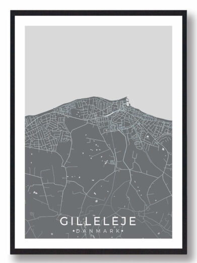 Gilleleje bykort i stilrent plakat design. Denne Gilleleje byplakat er med grå baggrund og viser Gilleleje kortet fra sin smukkeste side