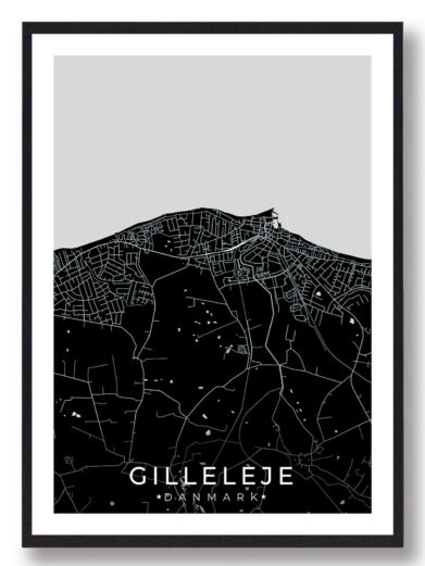 Gilleleje bykort i stilrent plakat design. Denne Gilleleje byplakat er med sort baggrund og viser Gilleleje kortet fra sin smukkeste side