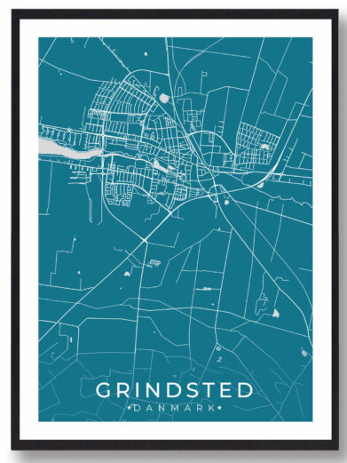 Grindsted bykort i stilrent plakat design. Denne Grindsted byplakat er med blå baggrund og viser Grindsted kortet fra sin smukkeste side