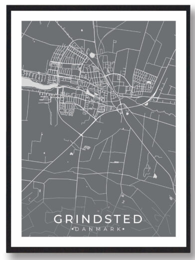 Grindsted bykort i stilrent plakat design. Denne Grindsted byplakat er med grå baggrund og viser Grindsted kortet fra sin smukkeste side