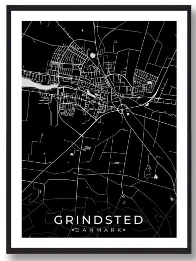 Grindsted bykort i stilrent plakat design. Denne Grindsted byplakat er med sort baggrund og viser Grindsted kortet fra sin smukkeste side