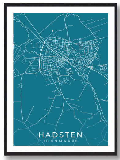 Hadsten bykort i stilrent plakat design. Denne Hadsten byplakat er med blå baggrund og viser Hadsten kortet fra sin smukkeste side