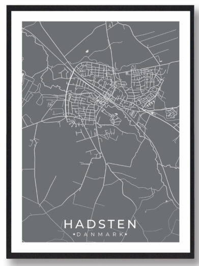 Hadsten bykort i stilrent plakat design. Denne Hadsten byplakat er med grå baggrund og viser Hadsten kortet fra sin smukkeste side