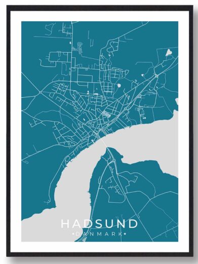 Hadsund bykort i stilrent plakat design. Denne Hadsund byplakat er med blå baggrund og viser Hadsund kortet fra sin smukkeste side