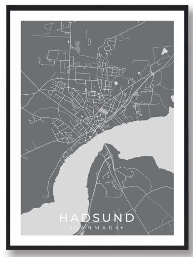 Hadsund bykort i stilrent plakat design. Denne Hadsund byplakat er med grå baggrund og viser Hadsund kortet fra sin smukkeste side