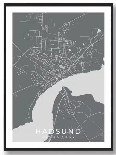 Hadsund bykort i stilrent plakat design. Denne Hadsund byplakat er med grå baggrund og viser Hadsund kortet fra sin smukkeste side