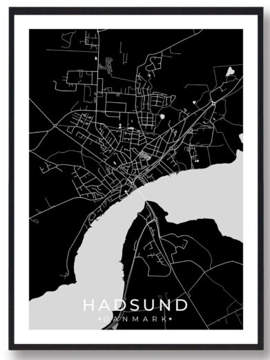 Hadsund bykort i stilrent plakat design. Denne Hadsund byplakat er med sort baggrund og viser Hadsund kortet fra sin smukkeste side