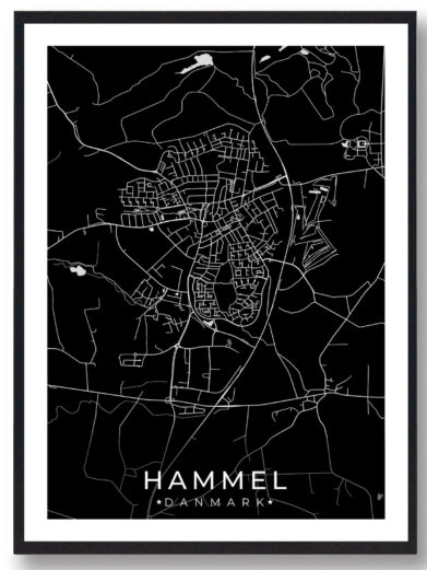 Hammel bykort i stilrent plakat design. Denne Hammel byplakat er med sort baggrund og viser Hammel kortet fra sin smukkeste side