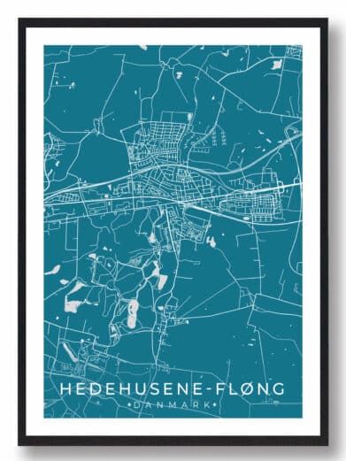 Hedehusene-Fløng bykort i stilrent plakat design. Denne Hedehusene-Fløng byplakat er med blå baggrund og viser Hedehusene-Fløng kortet fra sin smukkeste side
