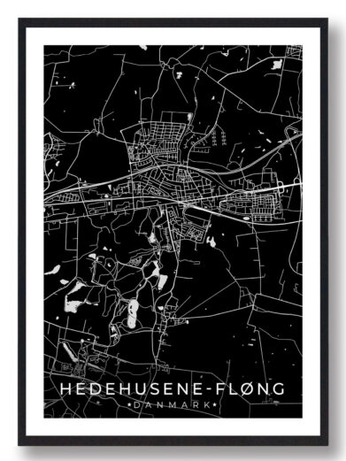Hedehusene-Fløng bykort i stilrent plakat design. Denne Hedehusene-Fløng byplakat er med sort baggrund og viser Hedehusene-Fløng kortet fra sin smukkeste side