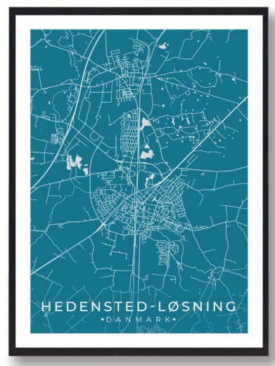 Hedensted-Løsning bykort i stilrent plakat design. Denne Hedensted-Løsning byplakat er med blå baggrund og viser Hedensted-Løsning kortet fra sin smukkeste side