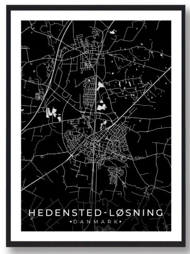 Hedensted-Løsning bykort i stilrent plakat design. Denne Hedensted-Løsning byplakat er med sort baggrund og viser Hedensted-Løsning kortet fra sin smukkeste side