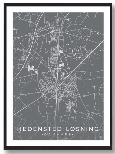 Hedensted-Løsning bykort i stilrent plakat design. Denne Hedensted-Løsning byplakat er med grå baggrund og viser Hedensted-Løsning kortet fra sin smukkeste side