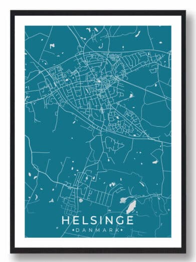 Helsinge bykort i stilrent plakat design. Denne Helsinge byplakat er med blå baggrund og viser Helsinge kortet fra sin smukkeste side
