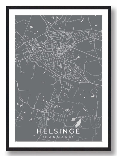 Helsinge bykort i stilrent plakat design. Denne Helsinge byplakat er med grå baggrund og viser Helsinge kortet fra sin smukkeste side