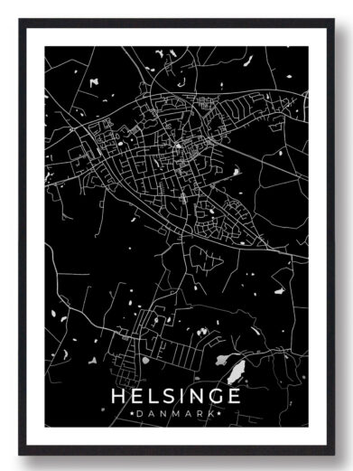 Helsinge bykort i stilrent plakat design. Denne Helsinge byplakat er med sort baggrund og viser Helsinge kortet fra sin smukkeste side