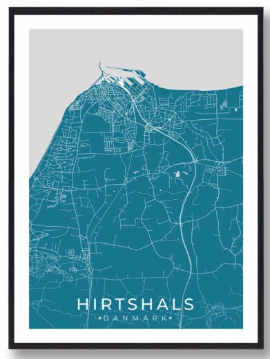 Hirtshals bykort i stilrent plakat design. Denne Hirtshals byplakat er med blå baggrund og viser Hirtshals kortet fra sin smukkeste side