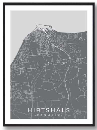 Hirtshals bykort i stilrent plakat design. Denne Hirtshals byplakat er med grå baggrund og viser Hirtshals kortet fra sin smukkeste side