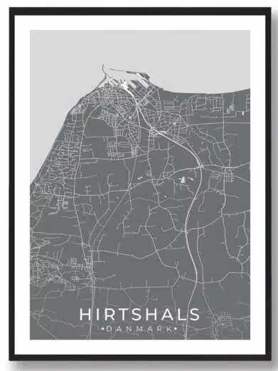Hirtshals bykort i stilrent plakat design. Denne Hirtshals byplakat er med grå baggrund og viser Hirtshals kortet fra sin smukkeste side