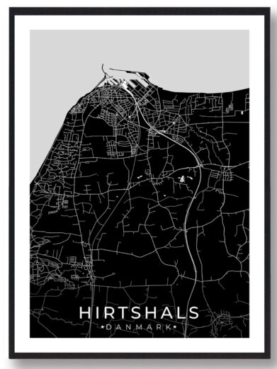 Hirtshals bykort i stilrent plakat design. Denne Hirtshals byplakat er med sort baggrund og viser Hirtshals kortet fra sin smukkeste side