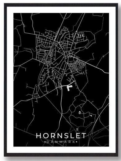 Hornslet bykort i stilrent plakat design. Denne Hornslet byplakat er med sort baggrund og viser Hornslet kortet fra sin smukkeste side