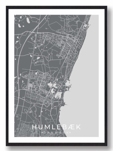 Humlebæk bykort i stilrent plakat design. Denne Humlebæk byplakat er med grå baggrund og viser Humlebæk kortet fra sin smukkeste side
