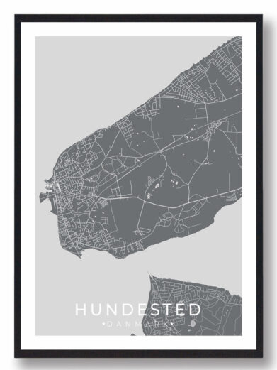 Hundested bykort i stilrent plakat design. Denne Hundested byplakat er med grå baggrund og viser Hundested kortet fra sin smukkeste side