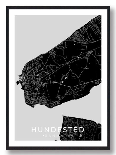 Hundested bykort i stilrent plakat design. Denne Hundested byplakat er med sort baggrund og viser Hundested kortet fra sin smukkeste side