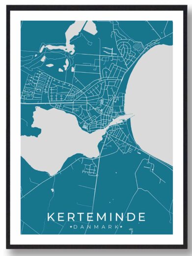 Kerteminde bykort i stilrent plakat design. Denne Kerteminde byplakat er med blå baggrund og viser Kerteminde kortet fra sin smukkeste side