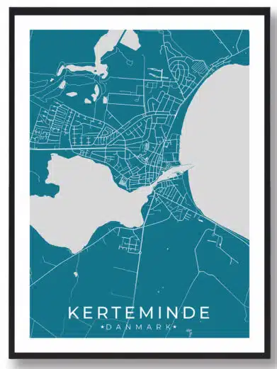 Kerteminde bykort i stilrent plakat design. Denne Kerteminde byplakat er med blå baggrund og viser Kerteminde kortet fra sin smukkeste side