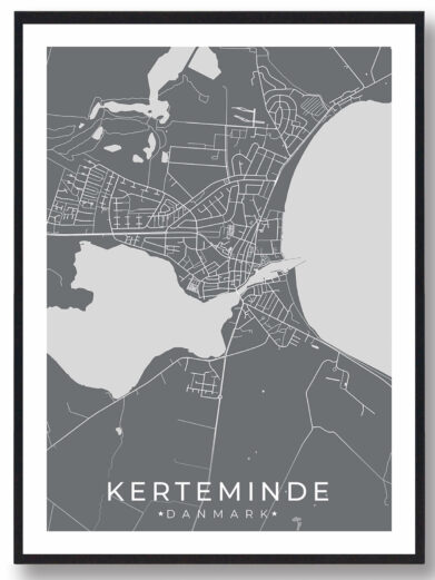 Kerteminde bykort i stilrent plakat design. Denne Kerteminde byplakat er med grå baggrund og viser Kerteminde kortet fra sin smukkeste side