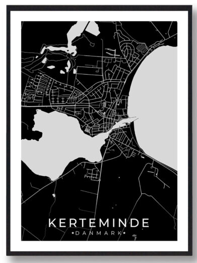 Kerteminde bykort i stilrent plakat design. Denne Kerteminde byplakat er med sort baggrund og viser Kerteminde kortet fra sin smukkeste side