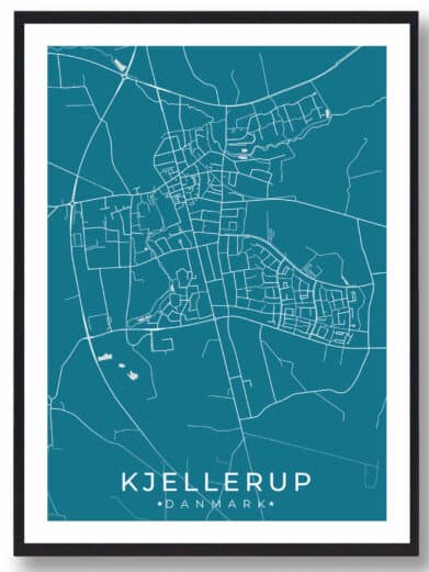 Kjellerup bykort i stilrent plakat design. Denne Kjellerup byplakat er med blå baggrund og viser Kjellerup kortet fra sin smukkeste side