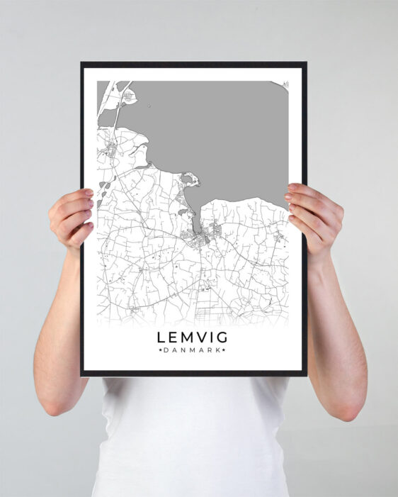 Lemvig bykort i stilrent plakat design. Denne Lemvig byplakat er med hvid baggrund og viser Lemvig kortet fra sin smukkeste side