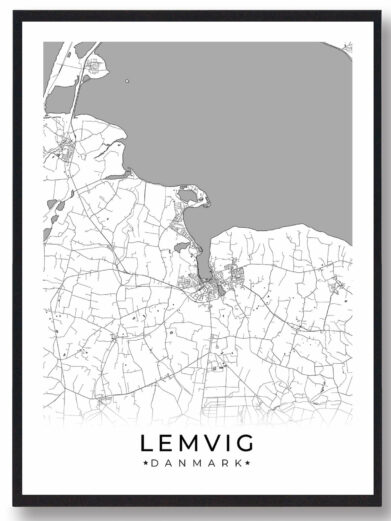 Lemvig bykort i stilrent plakat design. Denne Lemvig byplakat er med hvid baggrund og viser Lemvig kortet fra sin smukkeste side