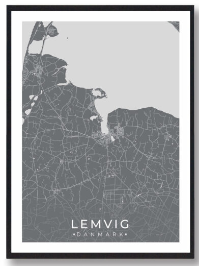 Lemvig bykort i stilrent plakat design. Denne Lemvig byplakat er med grå baggrund og viser Lemvig kortet fra sin smukkeste side